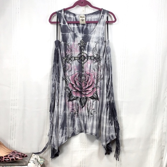 Vocal Dresses & Skirts - ⚜️ VOCAL Tunic Tank Sz S Tie Dye Rhinestone Fleur-De-Les Cross High Low Fringe